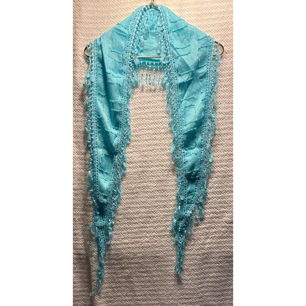 Satin Turquoise Linen blend Scarf with Fringe